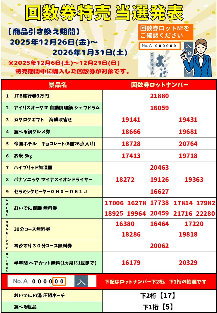 回数券特売 ロットナンバー当選発表 | 豊田挙母温泉 おいでんの湯